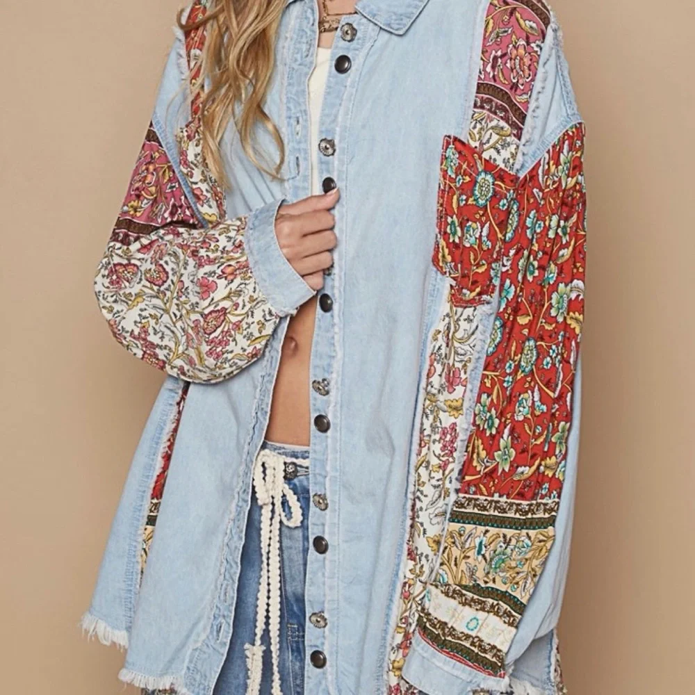 POL Light Wash Denim Patchwork Button Down Bohemian Shirt Top, Size Large - Picture 4 of 10